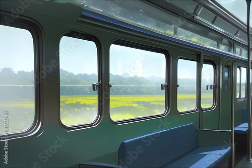 ゲーム背景　移動中の電車の中と窓の外風景