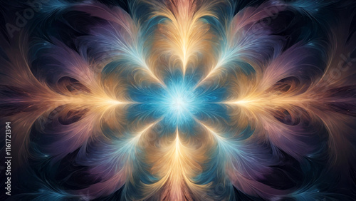 Abstract Fractal Sunburst in Radiant Golden and Blue Hues