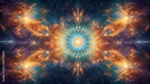 Abstract Fractal Sunburst in Radiant Golden and Blue Hues