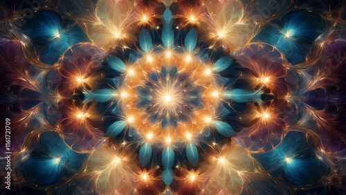 Abstract Fractal Sunburst in Radiant Golden and Blue Hues