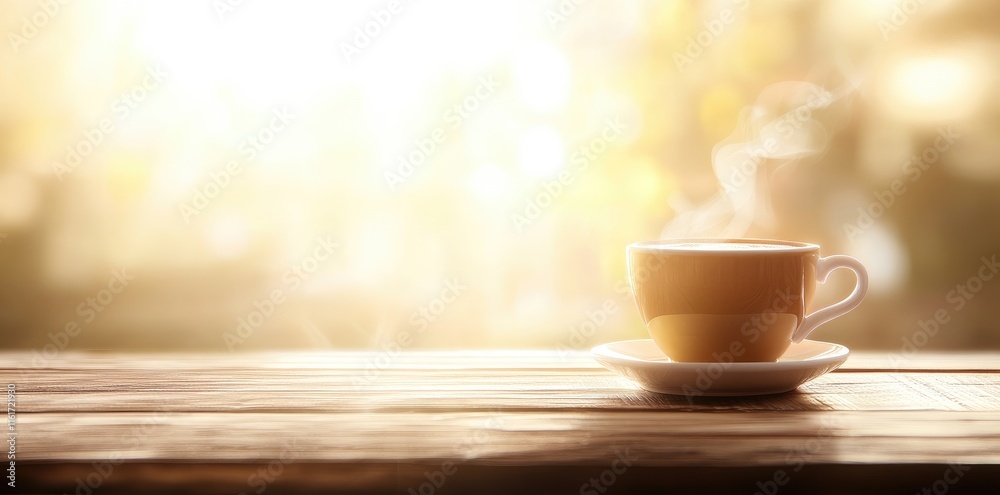 Cup of Hot Coffee on Wooden Table with Sunlight and Blurred Background, Close-Up with Copy Space for Good Morning Message background Cup of Hot Coffee on Wooden Table with Sunlight and Blurred Background, Close-Up with Copy Space for Good Morning Message background