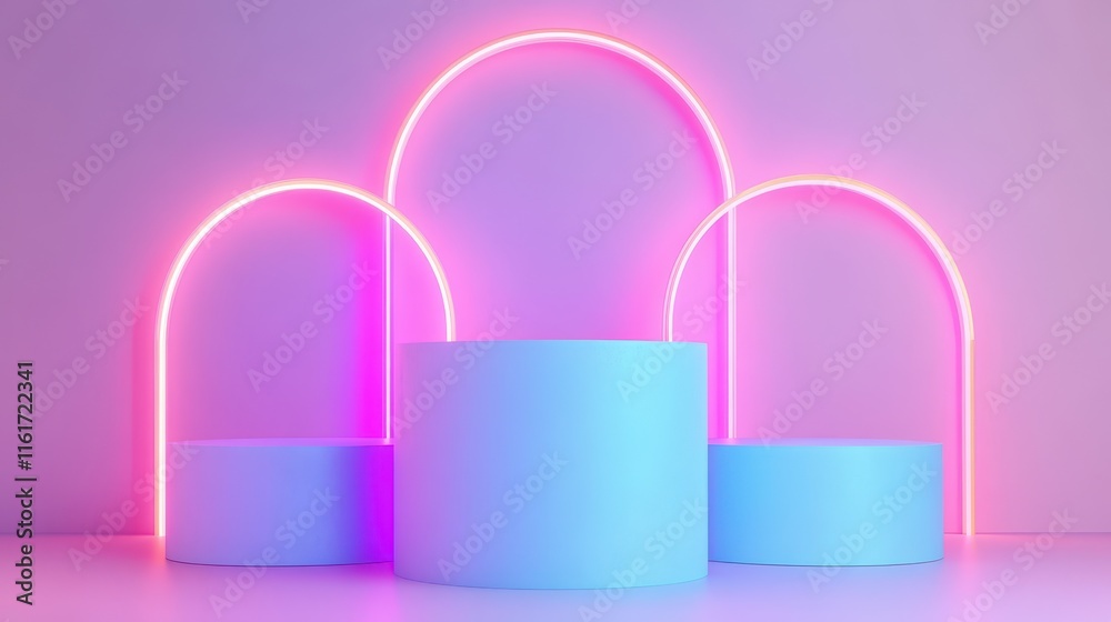 Pastel Pink Neon Lights Frame Three Blue Cylinders Pastel Pink Neon Lights Frame Three Blue Cylinders
