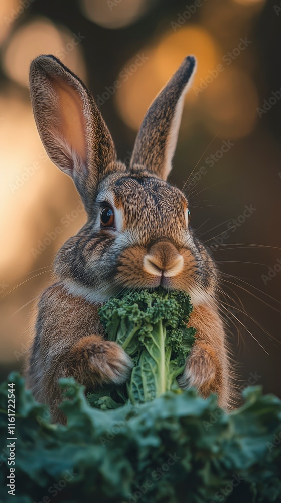 Obraz premium Brown Rabbit Enjoying Fresh Green Kale