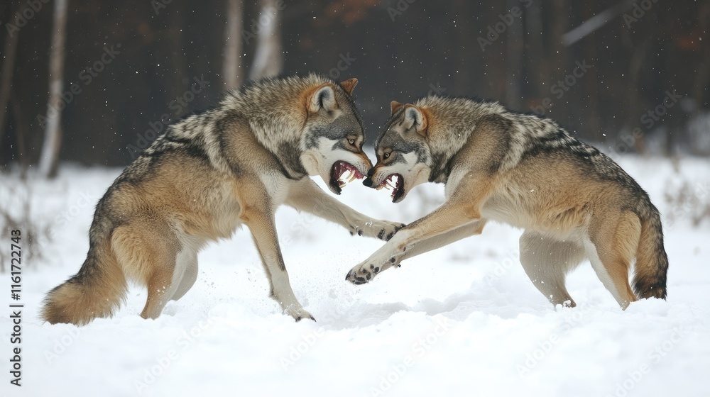 Naklejka premium Two wolves engage in a fierce confrontation in a snowy forest setting.
