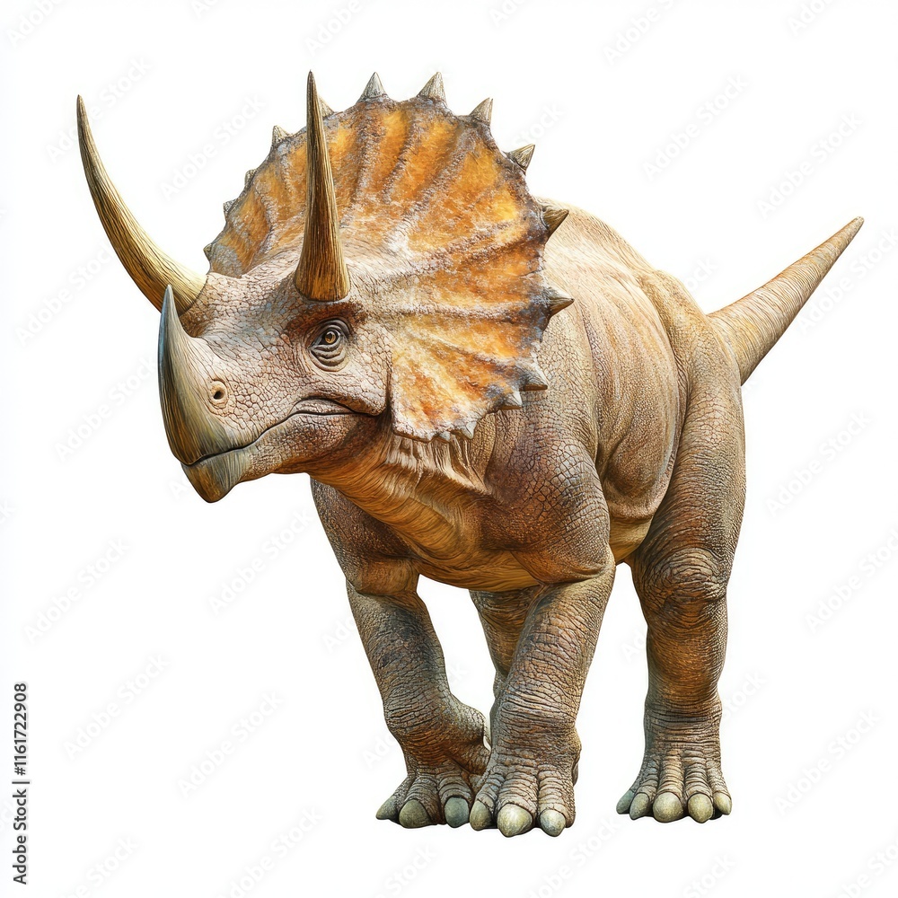 Fototapeta premium A realistic depiction of a Triceratops dinosaur standing on a white background.
