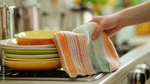 A cheerful person drying clean dishes with a colorful dish towel in a bright kitchen setting.