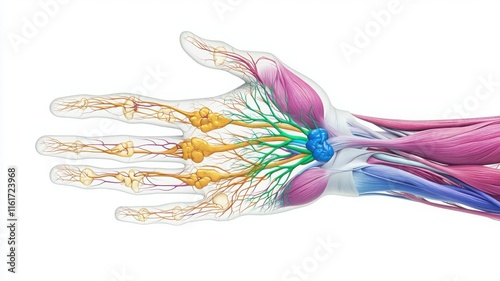 Illustration of a human hand's muscles and nerves in vibrant colors.