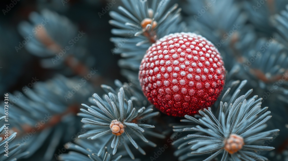Fototapeta premium Red Ornament Adorns Frosty Blue Pine Branches