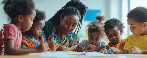 A group of parents and children gathered around an empty table in the classroom photo