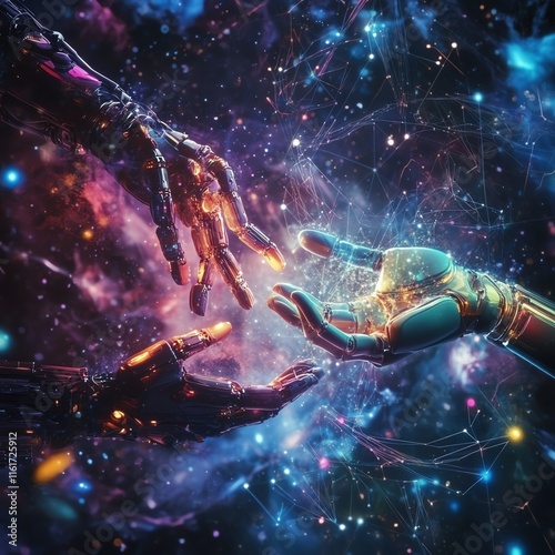 A modern AI business concept featuring human and robotic hands connecting, surrounded by abstract glowing data streams and futuristic elements