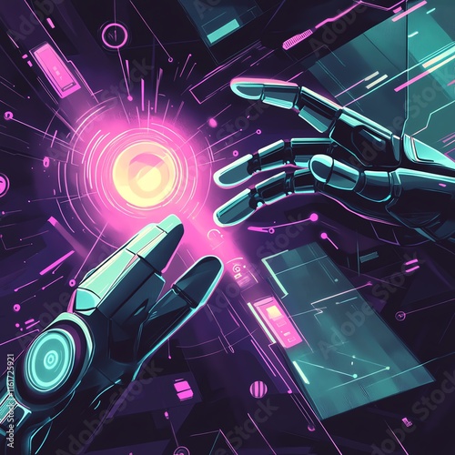 A modern business concept of AI, robotic and human hands almost touching, with a glowing interface, abstract data flows, and a futuristic aesthetic