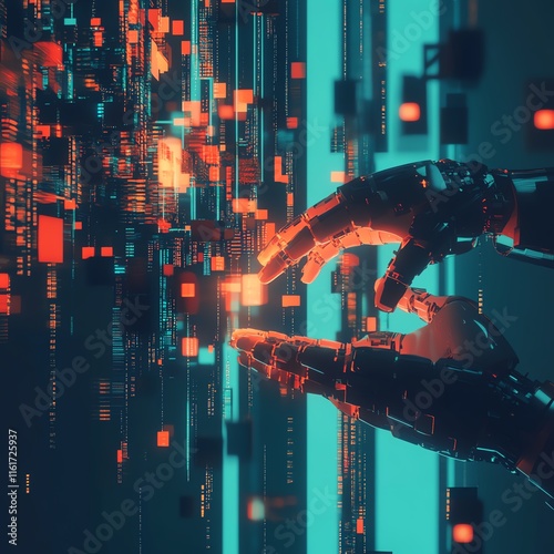 A modern business concept of AI, robotic and human hands almost touching, with a glowing interface, abstract data flows, and a futuristic aesthetic