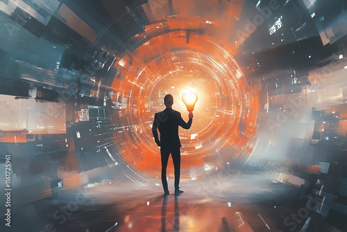 A modern business scene featuring a man holding a bright lightbulb, symbolizing creativity and innovation, surrounded by futuristic visual elements
