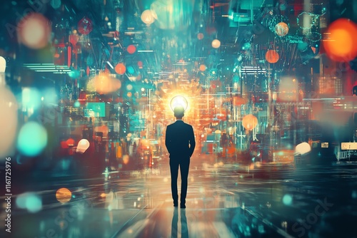 A modern business scene featuring a man holding a bright lightbulb, symbolizing creativity and innovation, surrounded by futuristic visual elements