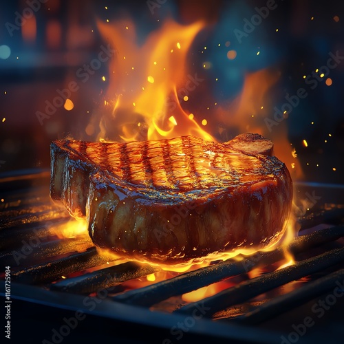 A perfectly seared beef steak on a hot grill, flames dancing around, glistening meat with grill marks, smoky atmosphere, vibrant colors, hyperrealistic