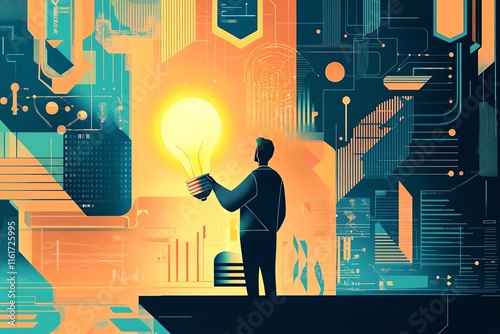 A modern business scene featuring a man holding a bright lightbulb, symbolizing creativity and innovation, surrounded by futuristic visual elements