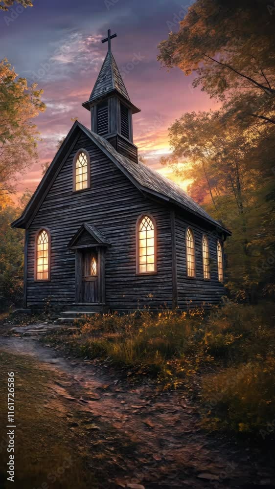 Wooden church at sunset surrounded by autumn trees and path leading to its entrance Wooden church at sunset surrounded by autumn trees and path leading to its entrance