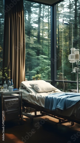 Calm Hospital Room: Bed with IV Drip, Patient Charts, and Natural Light Through the Window.
