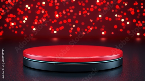 Red platform with black base and red bokeh background