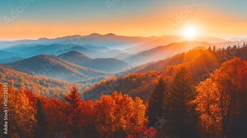 Vibrant autumn sunset over layered mountains with colorful foliage.