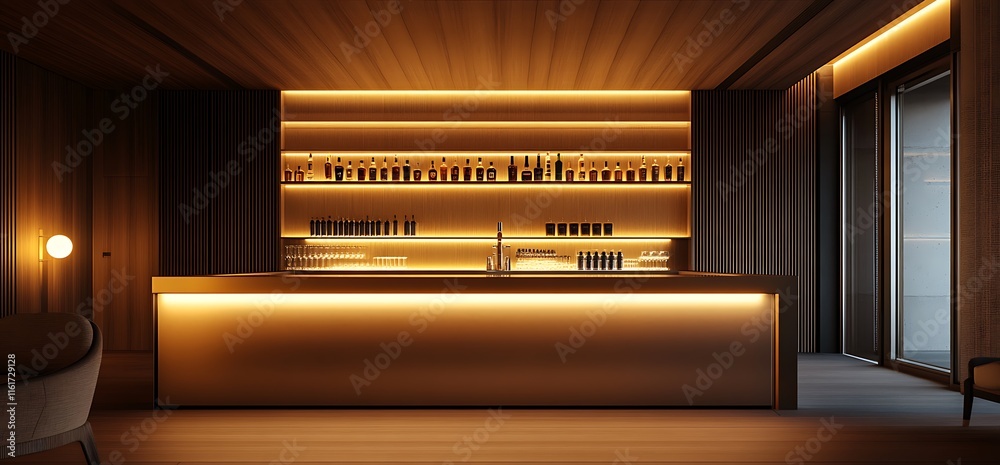 A modern bar with warm lighting and neatly arranged bottles on shelves. A modern bar with warm lighting and neatly arranged bottles on shelves.