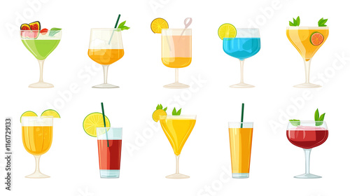 Alcohol cocktail collection colorful drinks clipart and beverages isolated on transparent  background 
