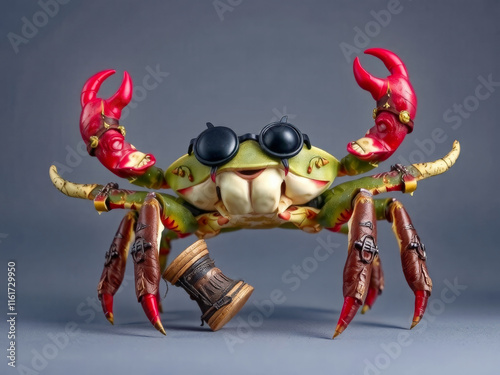 A crab with red claws and glasses is standing next to a wooden object. The crab appears to be wearing a pair of goggles, which gives it a quirky and playful appearance. Concept of whimsy and fun photo