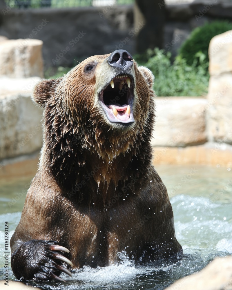 Fototapeta premium A roaring bear splashes in water, showcasing its powerful presence and natural behavior.