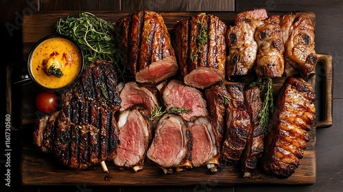 An assortment of grilled meats served on a wooden board.