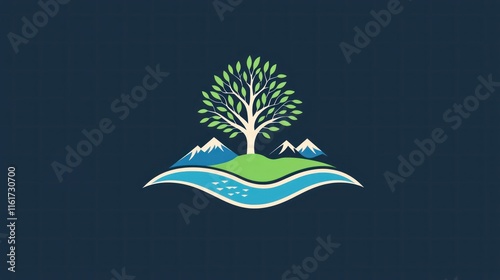 A clean, modern logo featuring a tree, a river, and mountains, symbolizing the connection between nature and sustainability photo