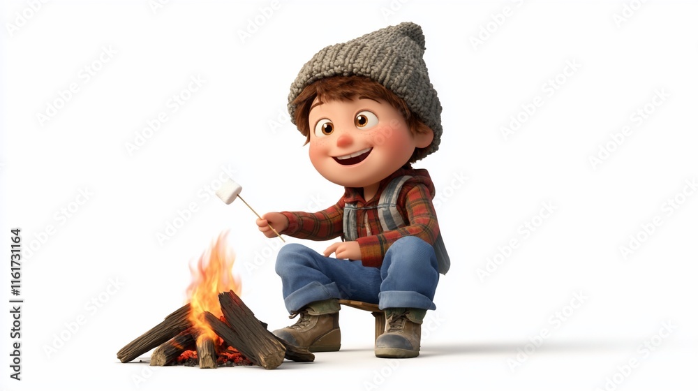 Happy cartoon boy roasting marshmallows over a campfire. Happy cartoon boy roasting marshmallows over a campfire.