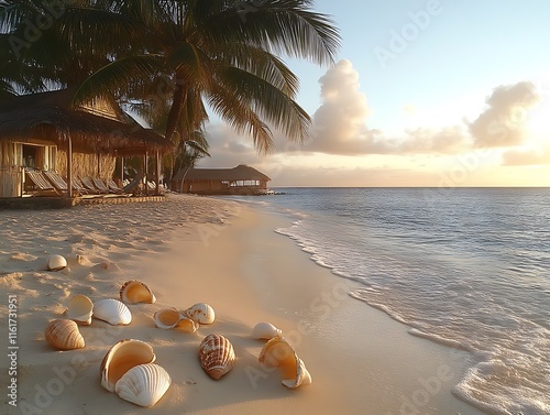 Seashells Adorn Serene Tropical Beach at Sunset photo