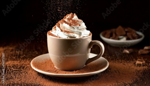 A cup of rich hot chocolate topped with whipped cream and a sprinkle of cocoa powder