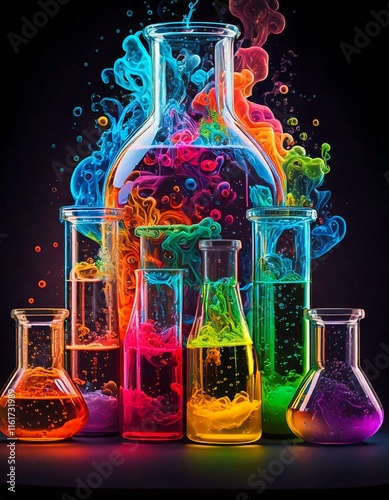 Flasks filled with coloured solutions as part of a science experiment	
