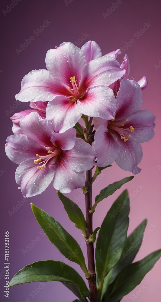A pink flower with water droplets on it. A pink flower with water droplets on it.