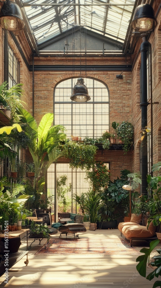 Sunlit Indoor Garden Room With Lush Plants and Comfortable Seating Sunlit Indoor Garden Room With Lush Plants and Comfortable Seating