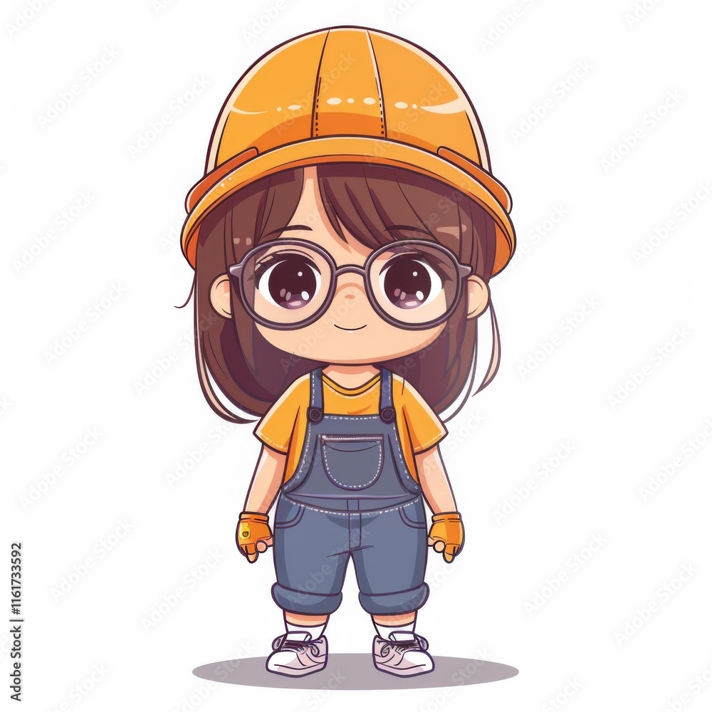 Fototapeta premium Cute cartoon girl in overalls and hard hat, female construction worker illustration