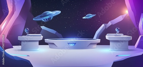 Futuristic alien spaceship landing platform scene in a rocky cave with glowing lights and UFOs. photo