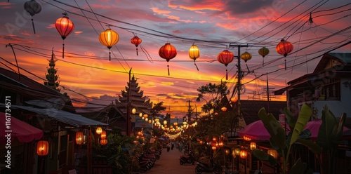 Enchanted Sunset Street in Hoi An Ancient Town, Vietnam: Vibrant Lanterns Illuminate the Picturesque Streets at Dusk
