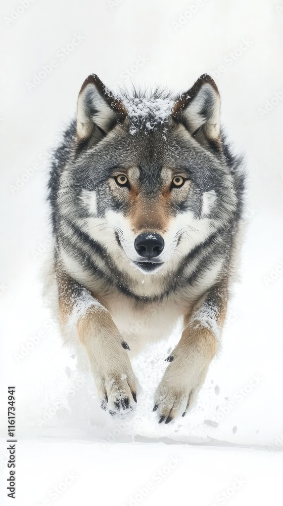 Naklejka premium A wolf leaping through snow, showcasing its agility and strength in a winter landscape.