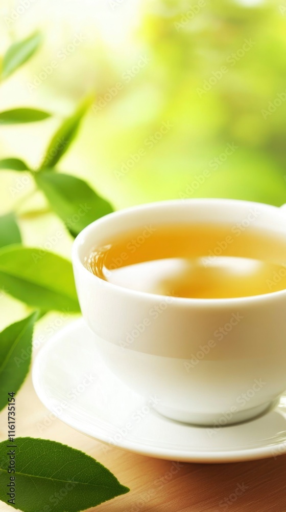 A cup of tea rests on a saucer beside green leaves A cup of tea rests on a saucer beside green leaves