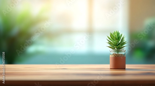 Blurred office background with empty wooden table for product display or montage - Adobe Stock