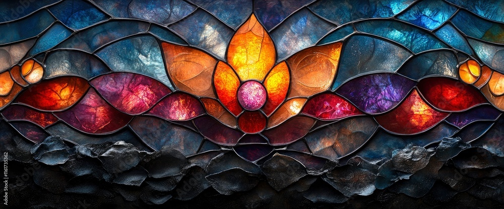 Abstract Stained Glass Window with Lotus Flower Design and Dark Stone Base Abstract Stained Glass Window with Lotus Flower Design and Dark Stone Base