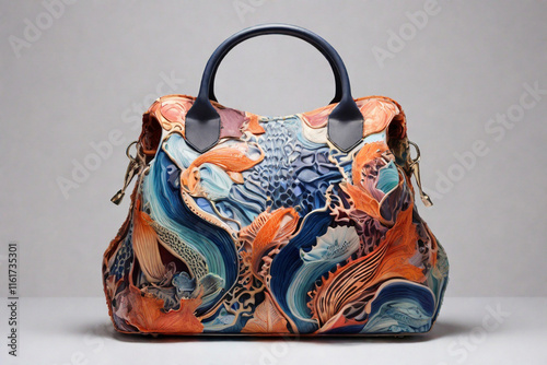 A bag that mimics the patterns and colors of deep-sea creatures, shifting its appearance in the light.with whitebackground