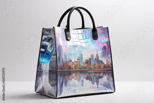 A bag with a holographic image of a cityscape, constantly shifting and transforming as you carry it.with whitebackground