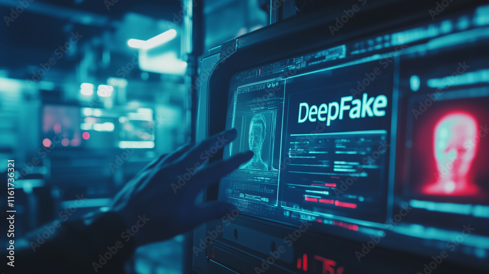 The scene shows a clean, modern screen with the large word DeepFake on the screen with blue color accent and capital letters and there is minimalist human face illustration below it The scene shows a clean, modern screen with the large word DeepFake on the screen with blue color accent and capital letters and there is minimalist human face illustration below it