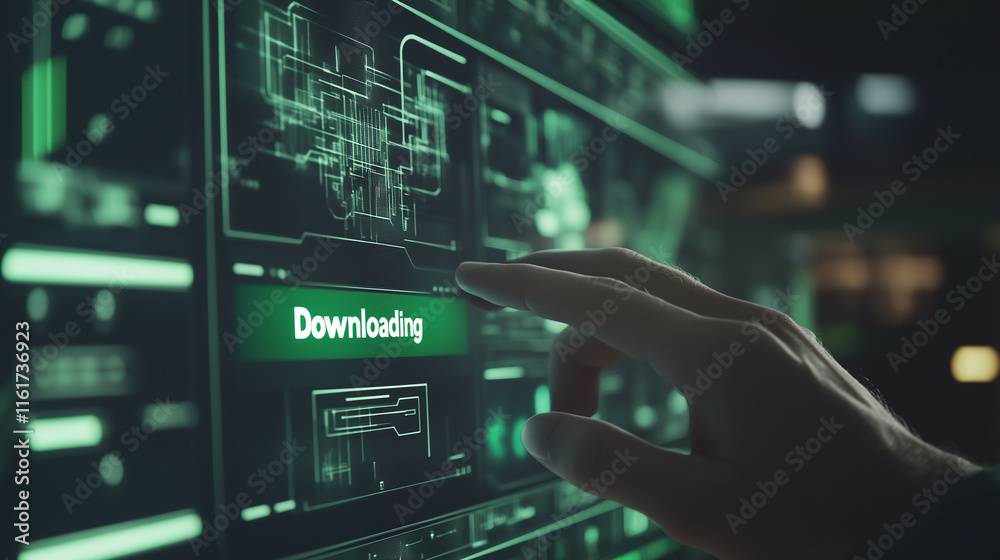  The scene shows a clean, modern screen with the large word  Downloading  warning on the screen with green color accent and loading bar below it, The person’s hand hovers over the screen,  