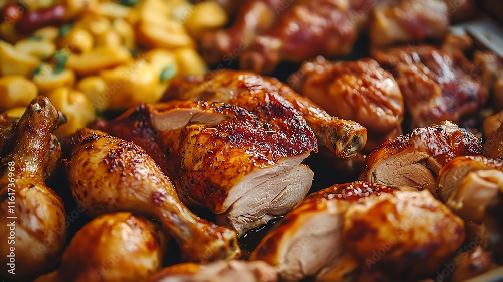 Deliciously roasted chicken pieces served with savory sides. Deliciously roasted chicken pieces served with savory sides.