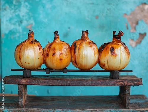 Four grilled onions on rustic wooden stand against teal background.