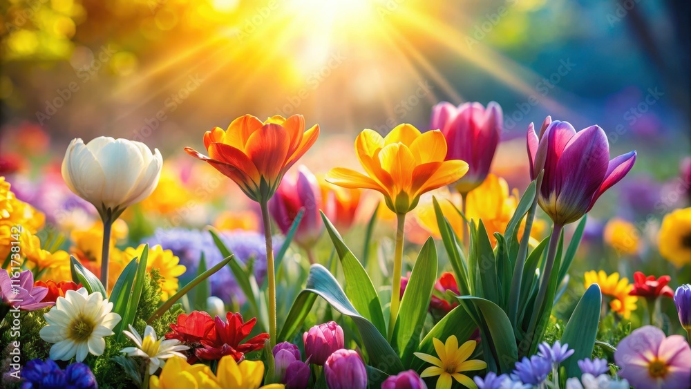 Fototapeta premium Colorful flowers blooming in the warm sunlight of a spring day, seasonal blooms